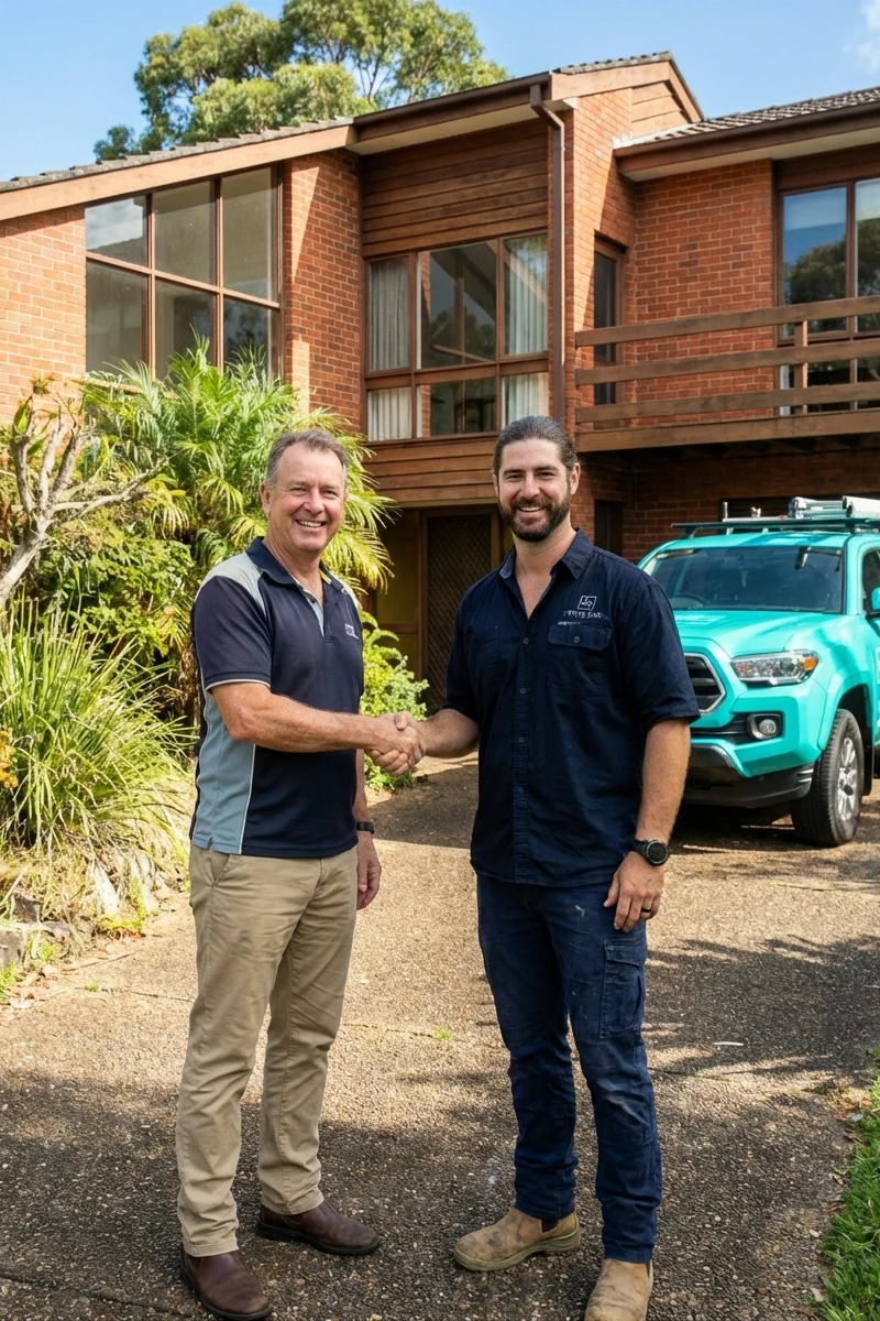 Electrician-shaking-hands-with-North-Shore-homeowner Electrician shaking hands with North Shore homeowner